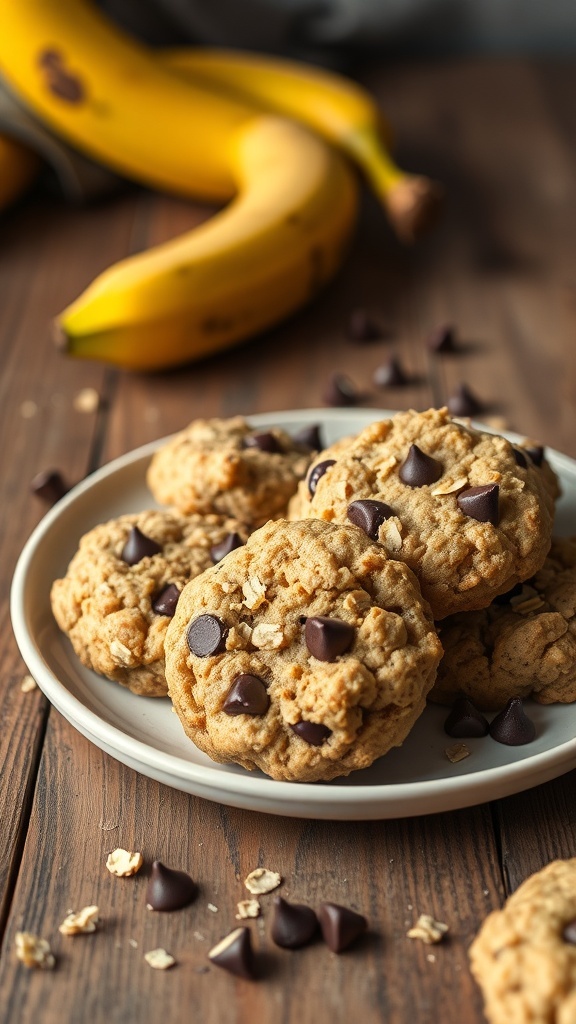 A plate of oat banana cookies with chocolate chips on a wooden table, with a ripe banana in the background.